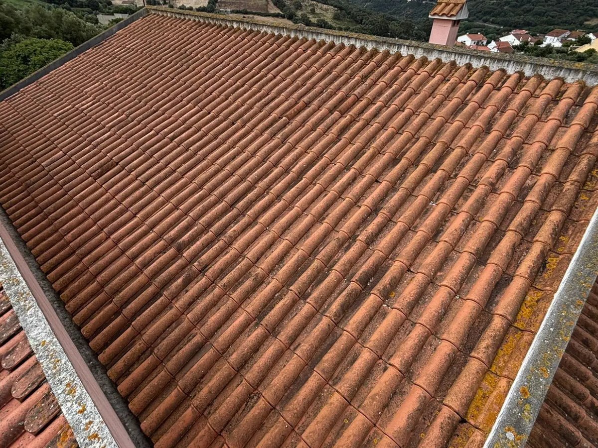 Telhado antes: telha escurecida pelo tempo, com manchas e líquenes junto aos beirais